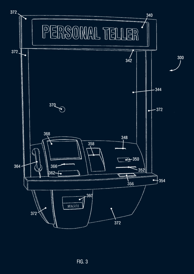 US 7,814,016 — Personal teller system and method of remote interactive and personalized banking. The Personal Teller Machine as Pranger drew it: a handset, a camera, a document scanner, and a 'Personal Teller' sign where the bank's name would go.